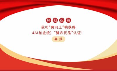 【喜報(bào)】—我司黃河土鴨獲4A(鉑金級(jí)）“豫農(nóng)優(yōu)品”認(rèn)證！